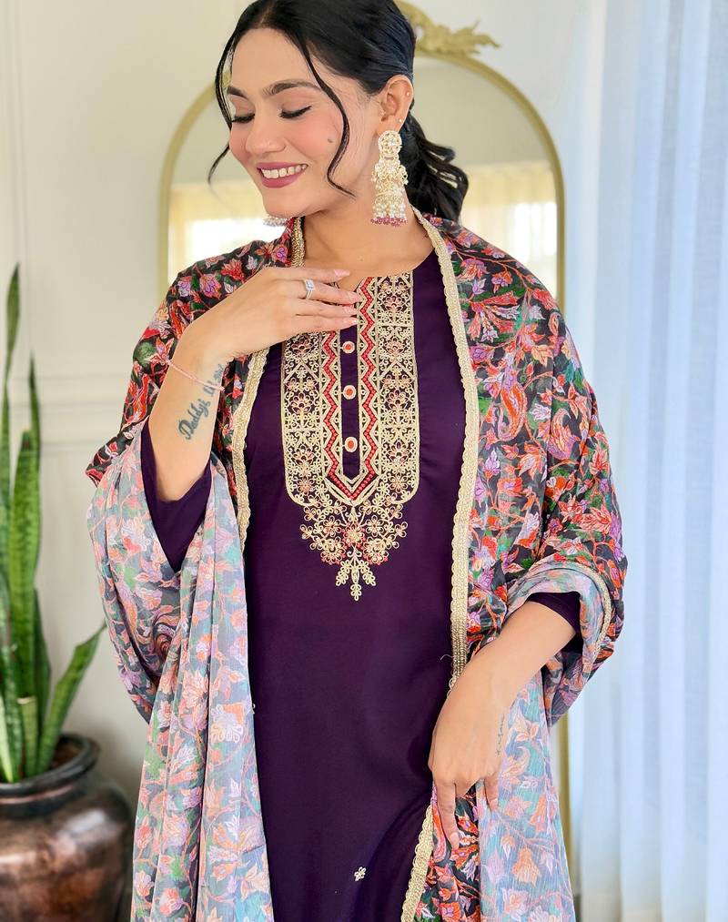 Rayon dark purple embroidered trendy salwar kameez