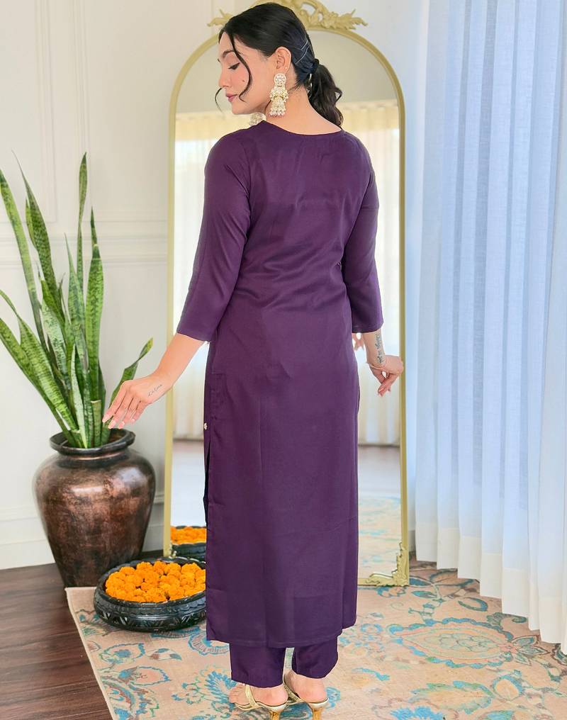 Rayon dark purple embroidered trendy salwar kameez