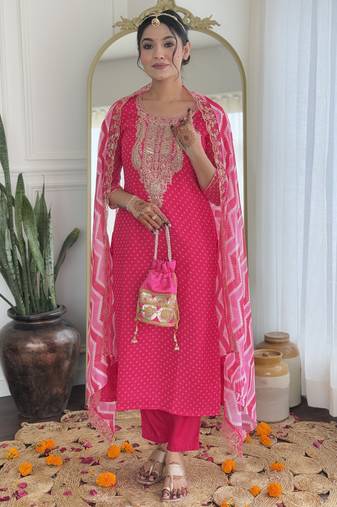 Vichitra silk embroidered straight salwar kameez in rani pink