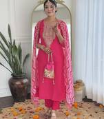 Vichitra silk embroidered straight salwar kameez in rani pink
