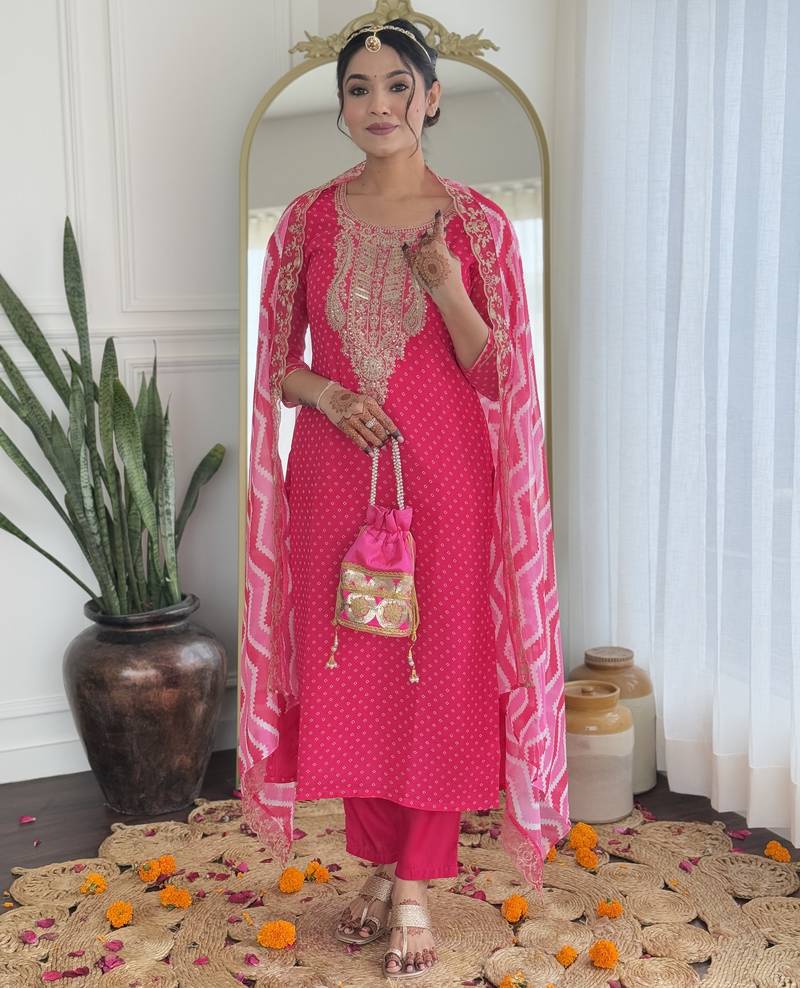 Vichitra silk embroidered straight salwar kameez in rani pink