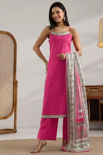 Pink printed cotton straight suit set with dupatta