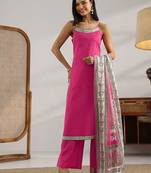Pink printed cotton straight suit set with dupatta