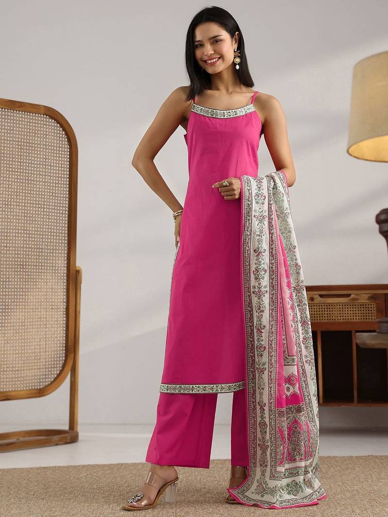 Pink printed cotton straight suit set with dupatta