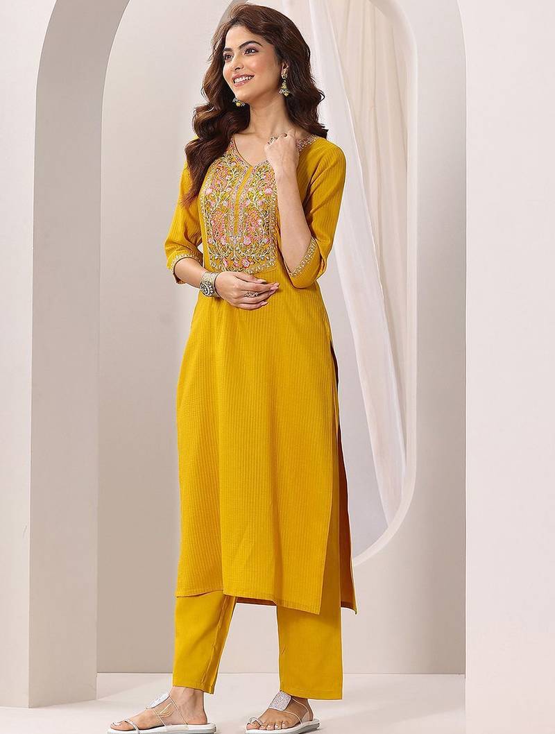 Embroidered rayon salwar suit in mustard