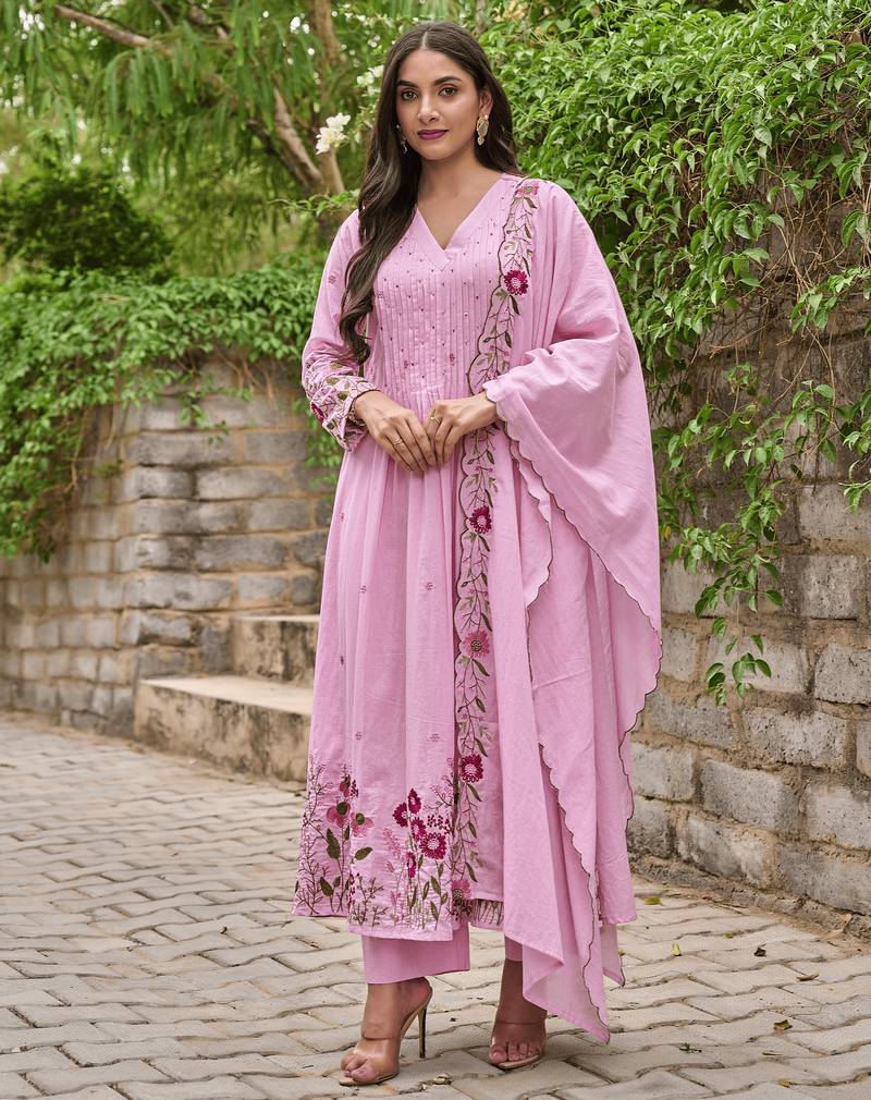 Chanderi silk embroidered pink salwar kameez