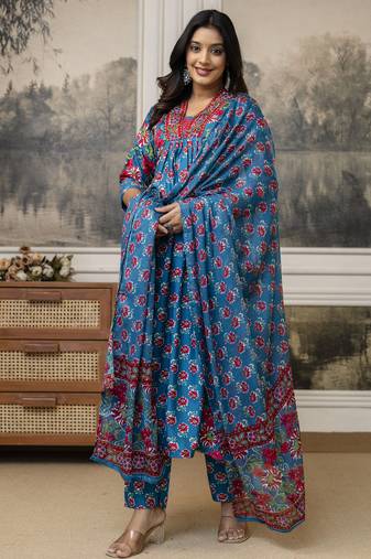 Teal blue floral printed anarkali kurta set with dupatta