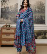 Teal blue floral printed anarkali kurta set with dupatta