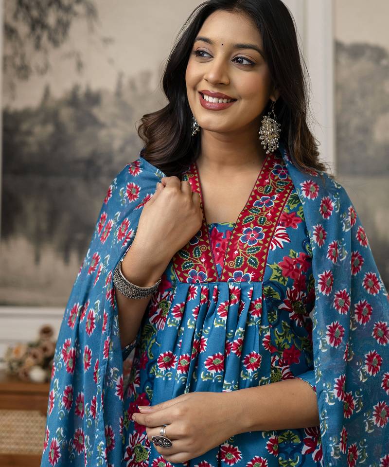 Teal blue floral printed anarkali kurta set with dupatta