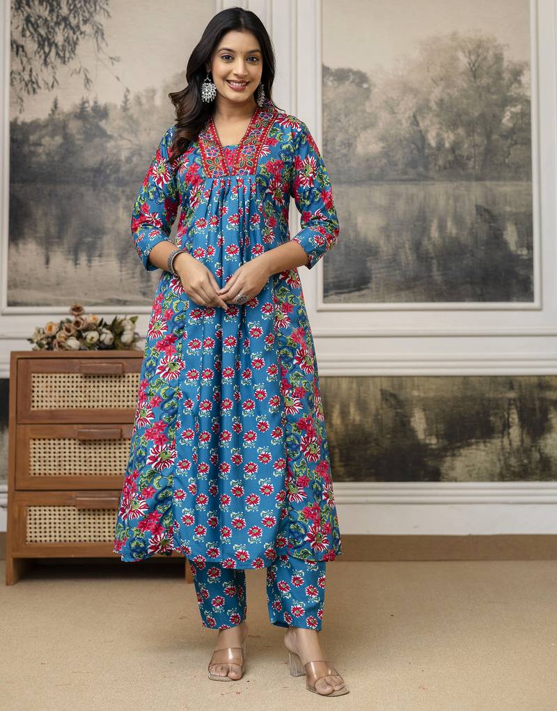 Teal blue floral printed anarkali kurta set with dupatta