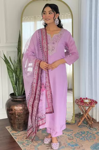 Embroidered lavender rayon salwar suit for party