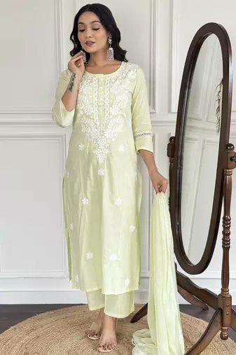 Embroidered light yellow cotton casual salwar kameez