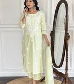Embroidered light yellow cotton casual salwar kameez