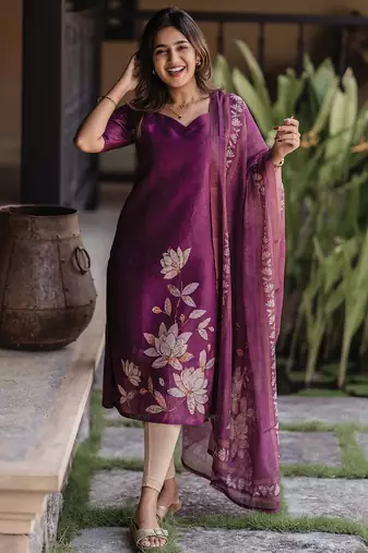 Printed silk blend kurti in purple with dupatta