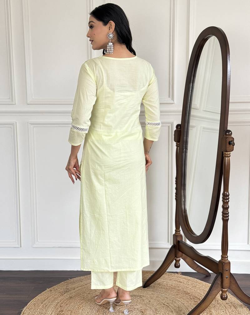 Embroidered light yellow cotton casual salwar kameez