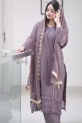 Designer wear georgette embroidery work lavender purple color kurti pant with dupatta