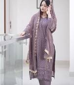 Designer wear georgette embroidery work lavender purple color kurti pant with dupatta