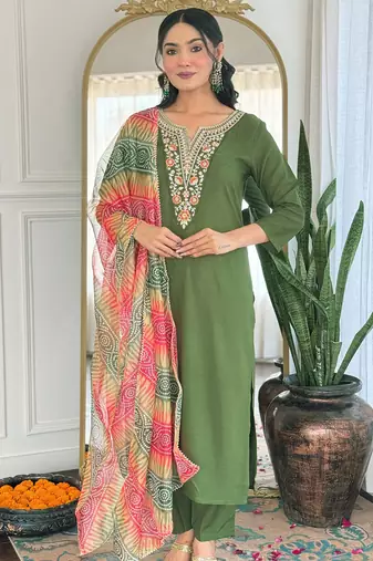 Embroidered mahendi green rayon salwar suit for party