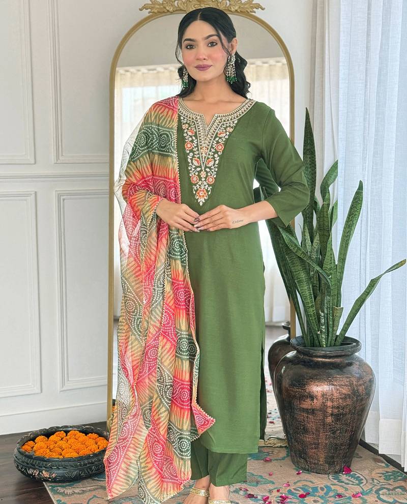 Embroidered mahendi green rayon salwar suit for party
