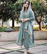 Designer wear georgette embroidery work light sky blue color kurti pant with dupatta
