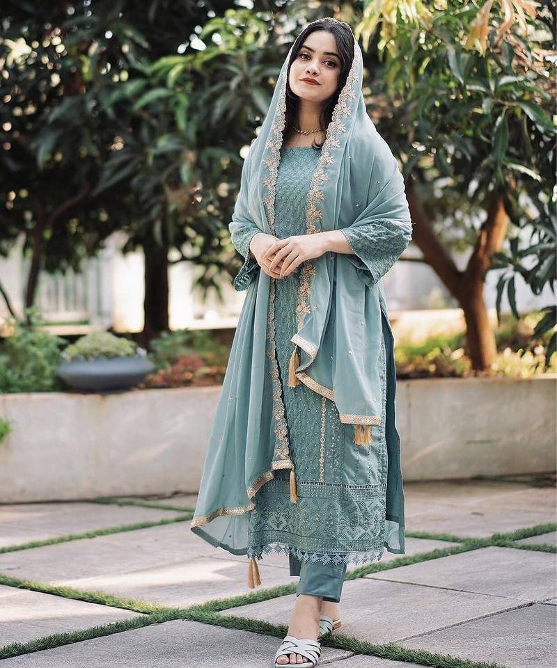 Designer wear georgette embroidery work light sky blue color kurti pant with dupatta