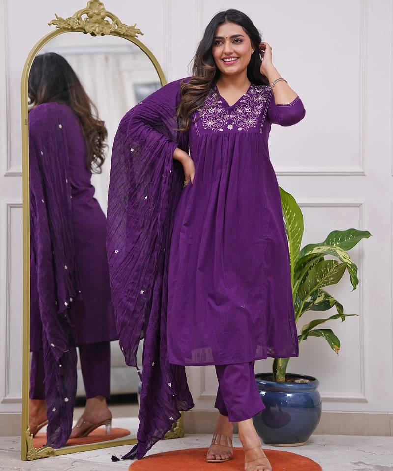 Purple embroidered viscose salwar suit