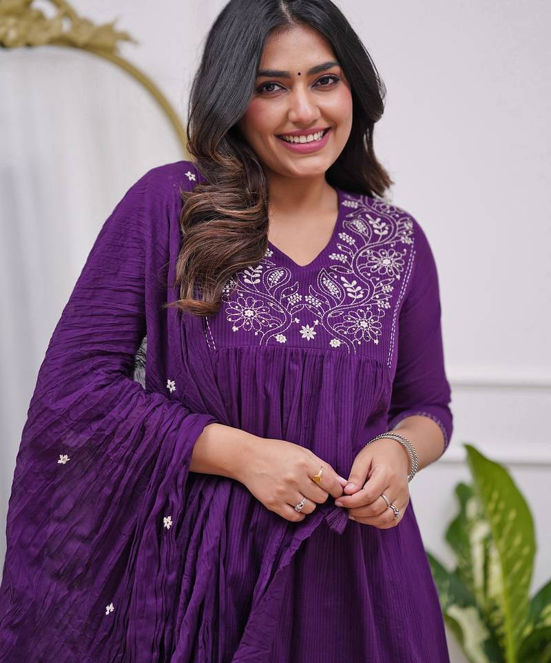 Purple embroidered viscose salwar suit