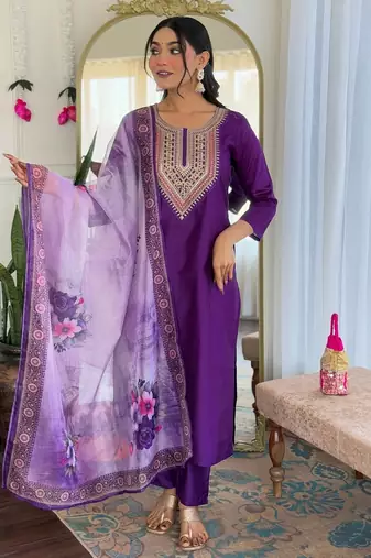 Embroidered purple rayon salwar suit for party