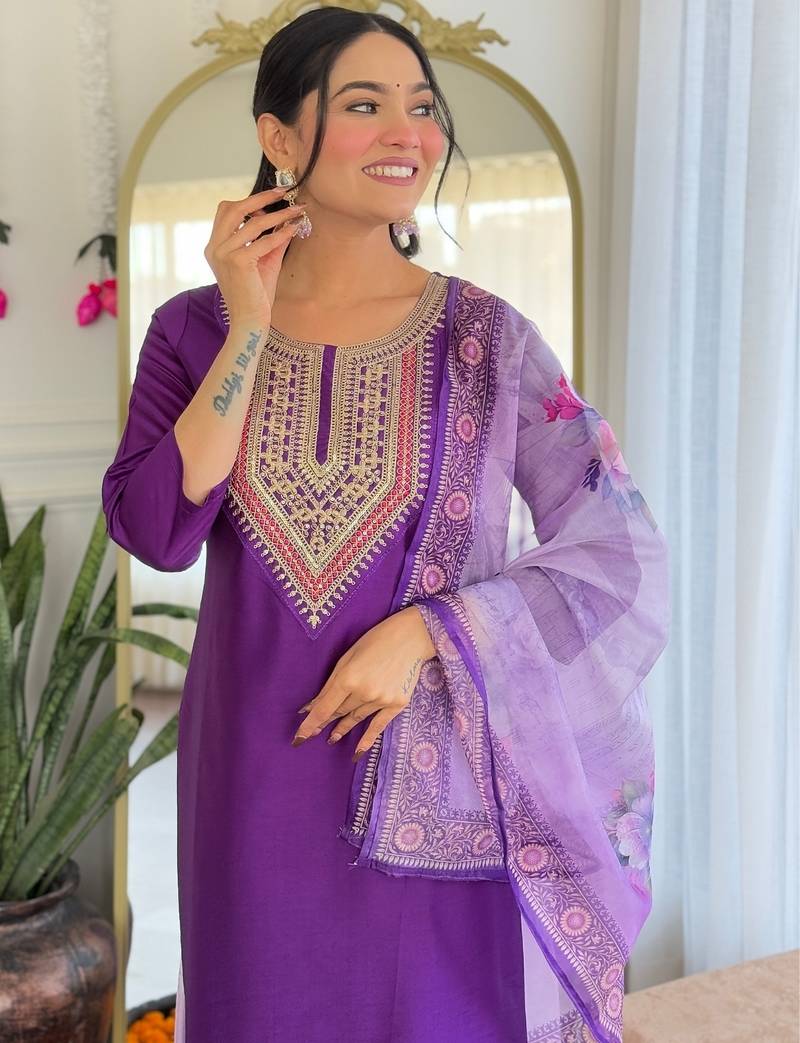 Embroidered purple rayon salwar suit for party