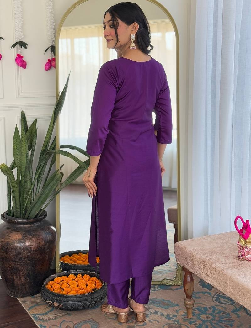 Embroidered purple rayon salwar suit for party