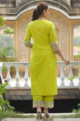 Lemon green mirror work embroidered chanderi cotton straight kurta set