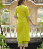 Lemon green mirror work embroidered chanderi cotton straight kurta set