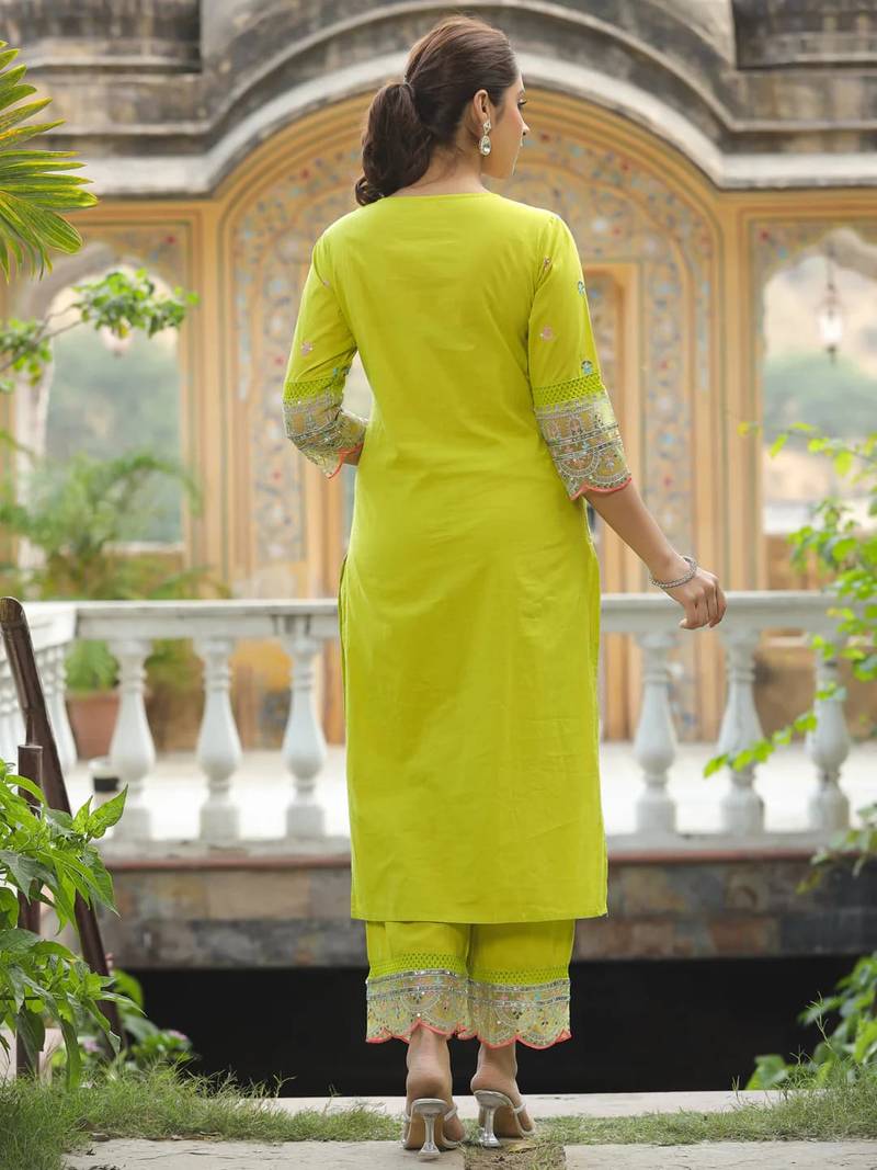 Lemon green mirror work embroidered chanderi cotton straight kurta set
