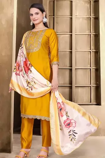 Embroidered mustard rayon salwar suit for party
