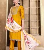 Embroidered mustard rayon salwar suit for party