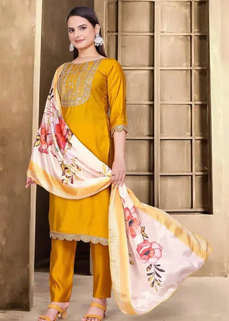 Embroidered mustard rayon salwar suit for party