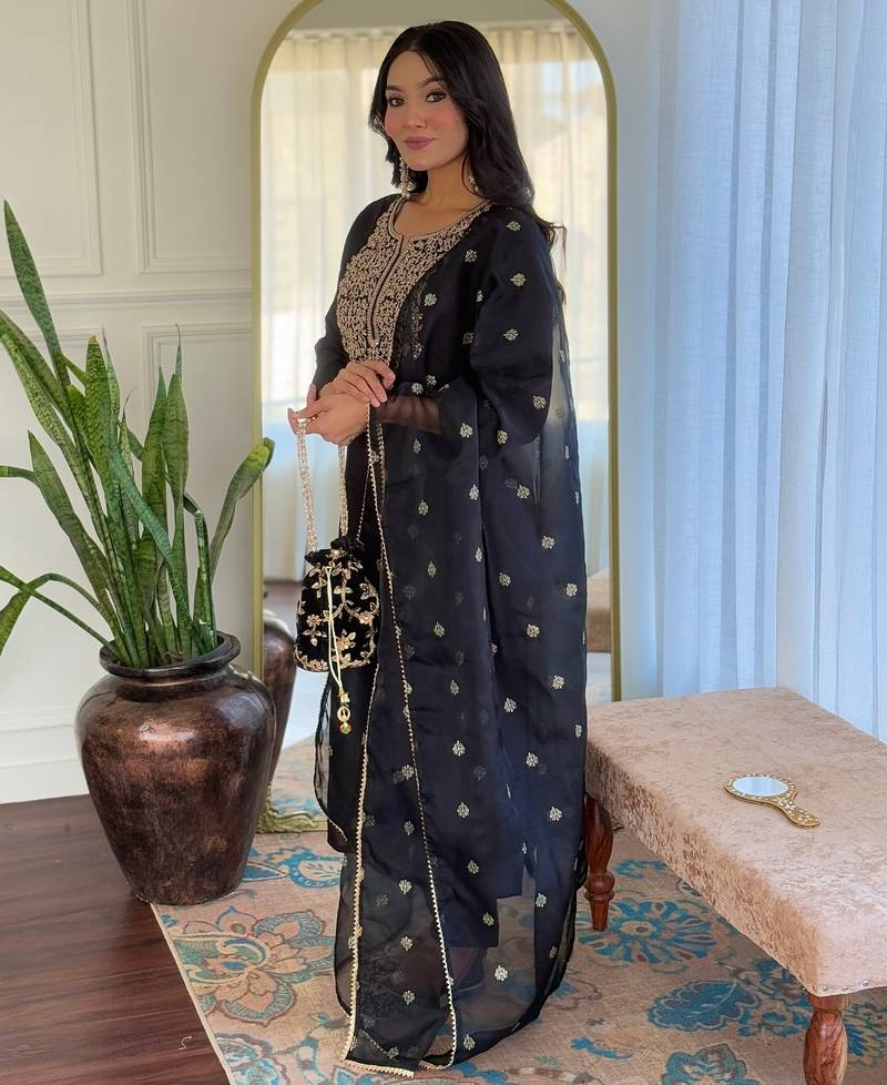 Embroidered black viscose readymade salwar kameez