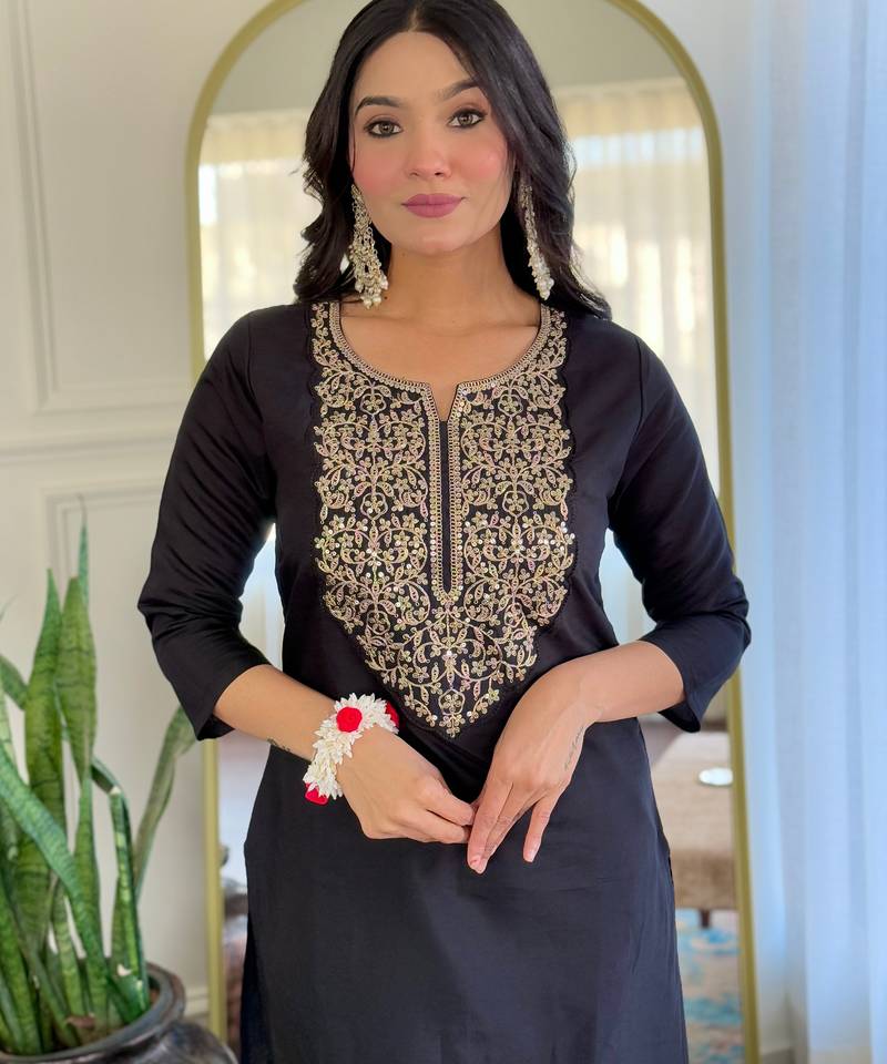 Embroidered black viscose readymade salwar kameez