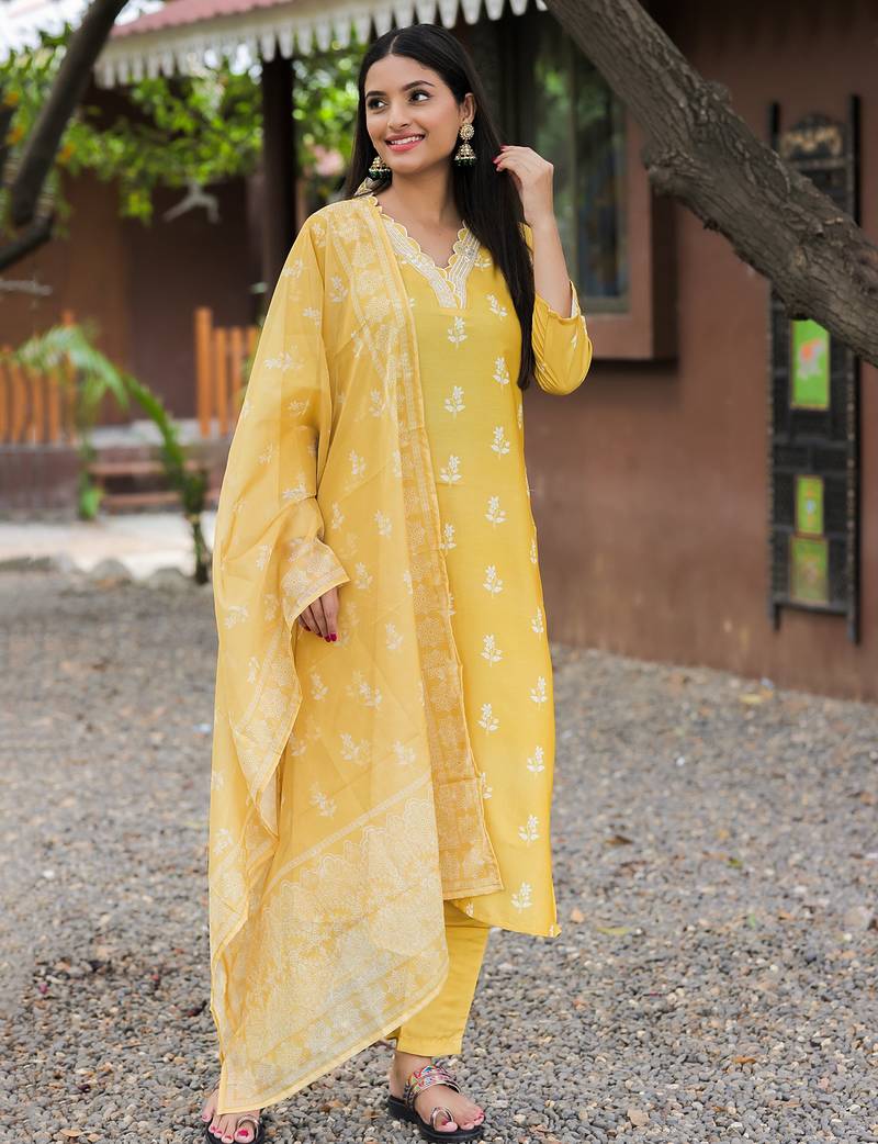 Embroidered yellow rayon casual salwar kameez