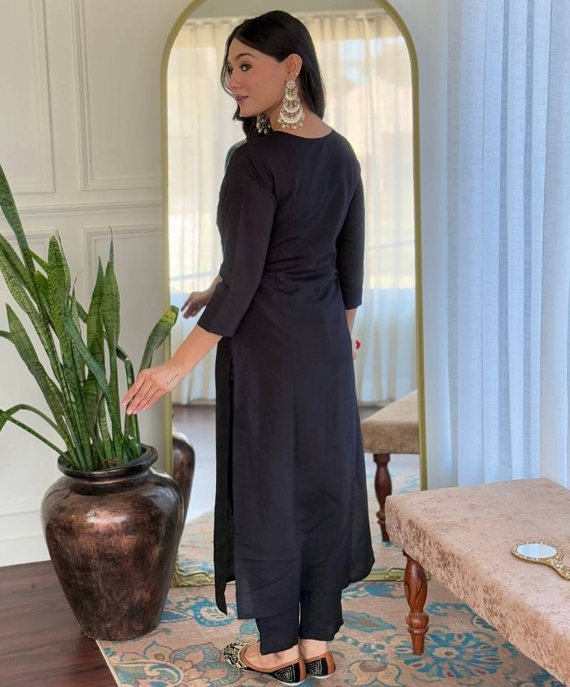 Embroidered black viscose readymade salwar kameez