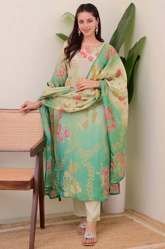 Assam silk sea green kurti set with handwork kurti & printed dupatta ready to wear