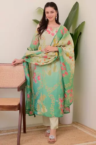 Assam silk sea green kurti set with handwork kurti & printed dupatta ready to wear