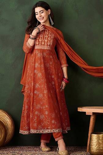 Embroidered rust sangeet georgette trendy salwar kameez