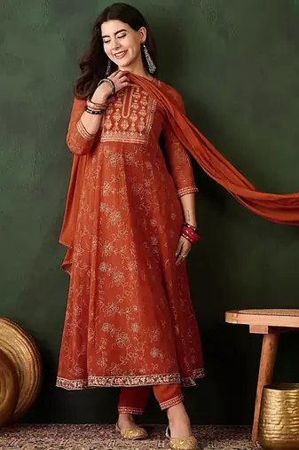 Embroidered rust sangeet georgette trendy salwar kameez