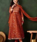 Embroidered rust sangeet georgette trendy salwar kameez