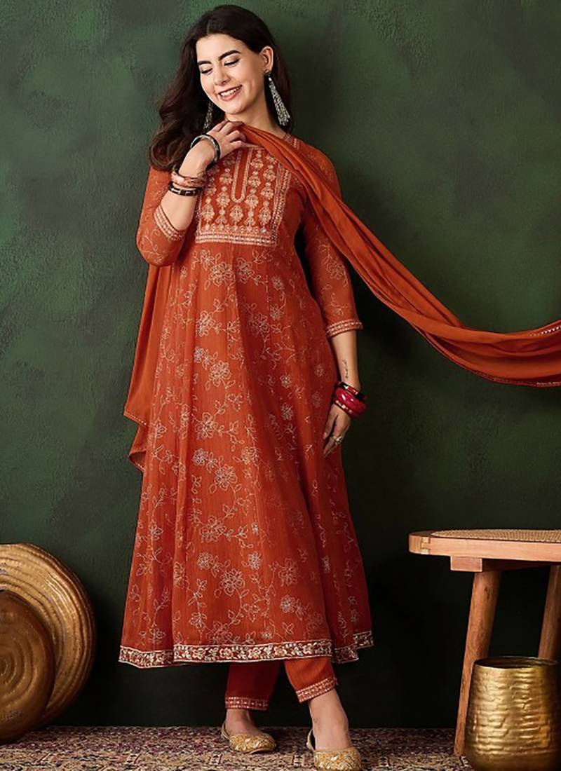 Embroidered rust sangeet georgette trendy salwar kameez