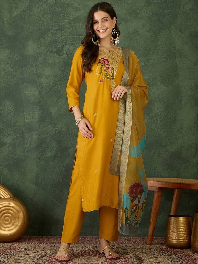 Mustard embroidered rayon readymade salwar kameez