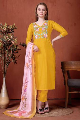 Rayon embroidered salwar kameez in mustard