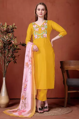 Rayon embroidered salwar kameez in mustard