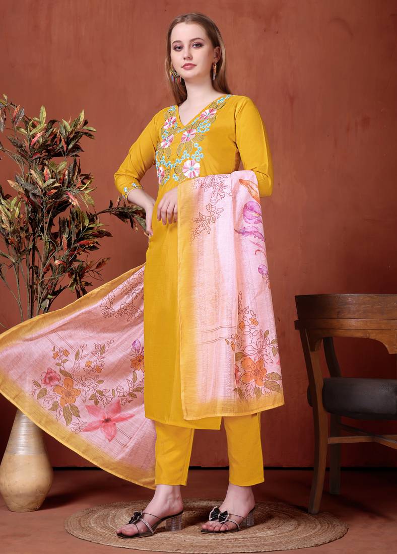 Rayon embroidered salwar kameez in mustard
